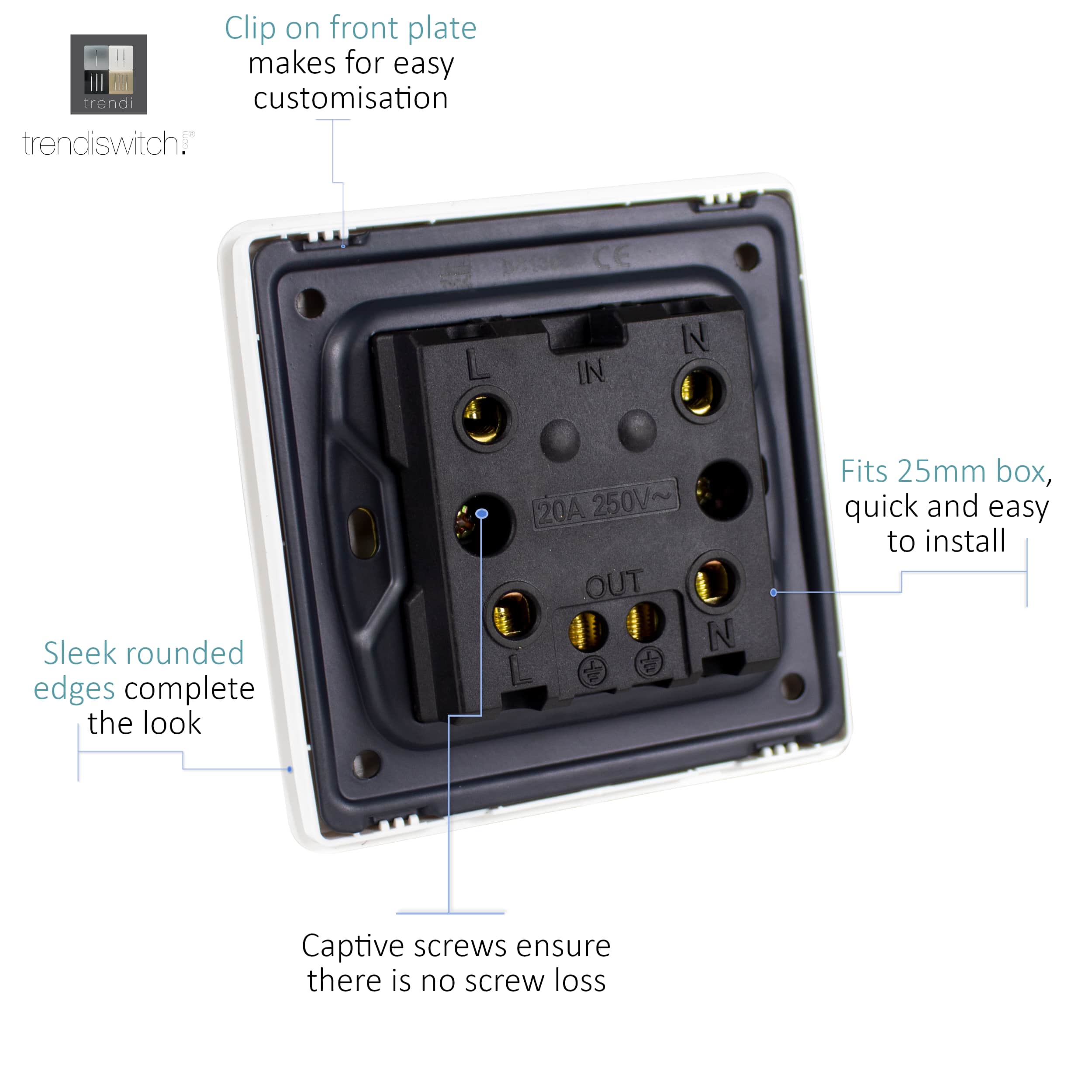 20 Amp Neon Insert Double Pole Switch Brushed Steel ART-WHS1BS  Trendi Brushed Steel